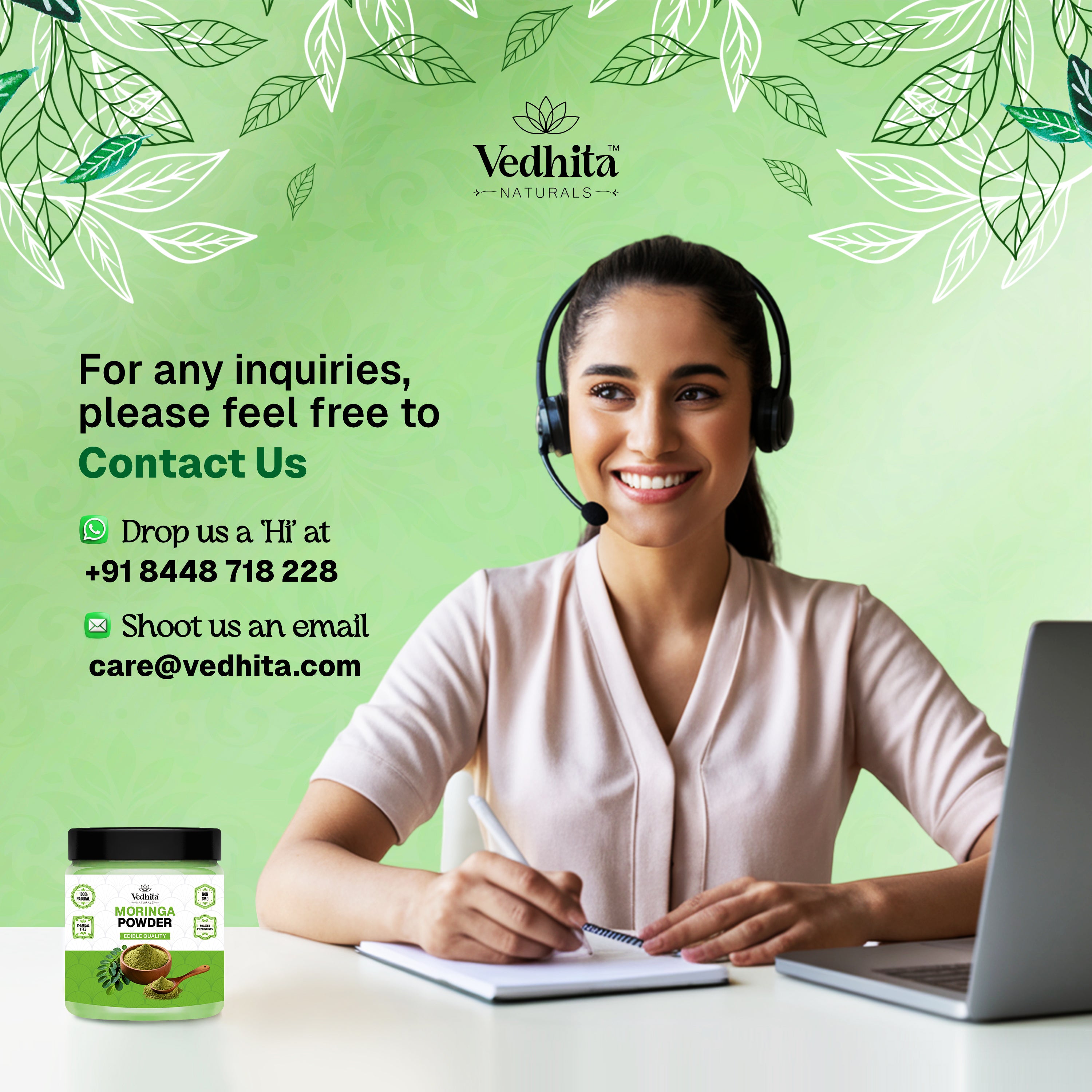 Vedhita Naturals Moringa Leaf Powder | Ayurvedic Superfood | For Daily Nutrition, Skin Support & Vitality | 100% Pure & Natural (200g + 50g Extra)