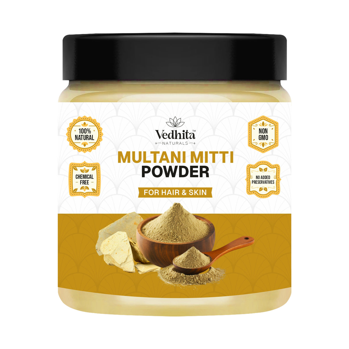 Vedhita Naturals Multani Mitti | Herbal Clay for Skin Brightening, Pore Cleansing & Oil Control | 100% Pure & Natural (200g + 50g Extra)