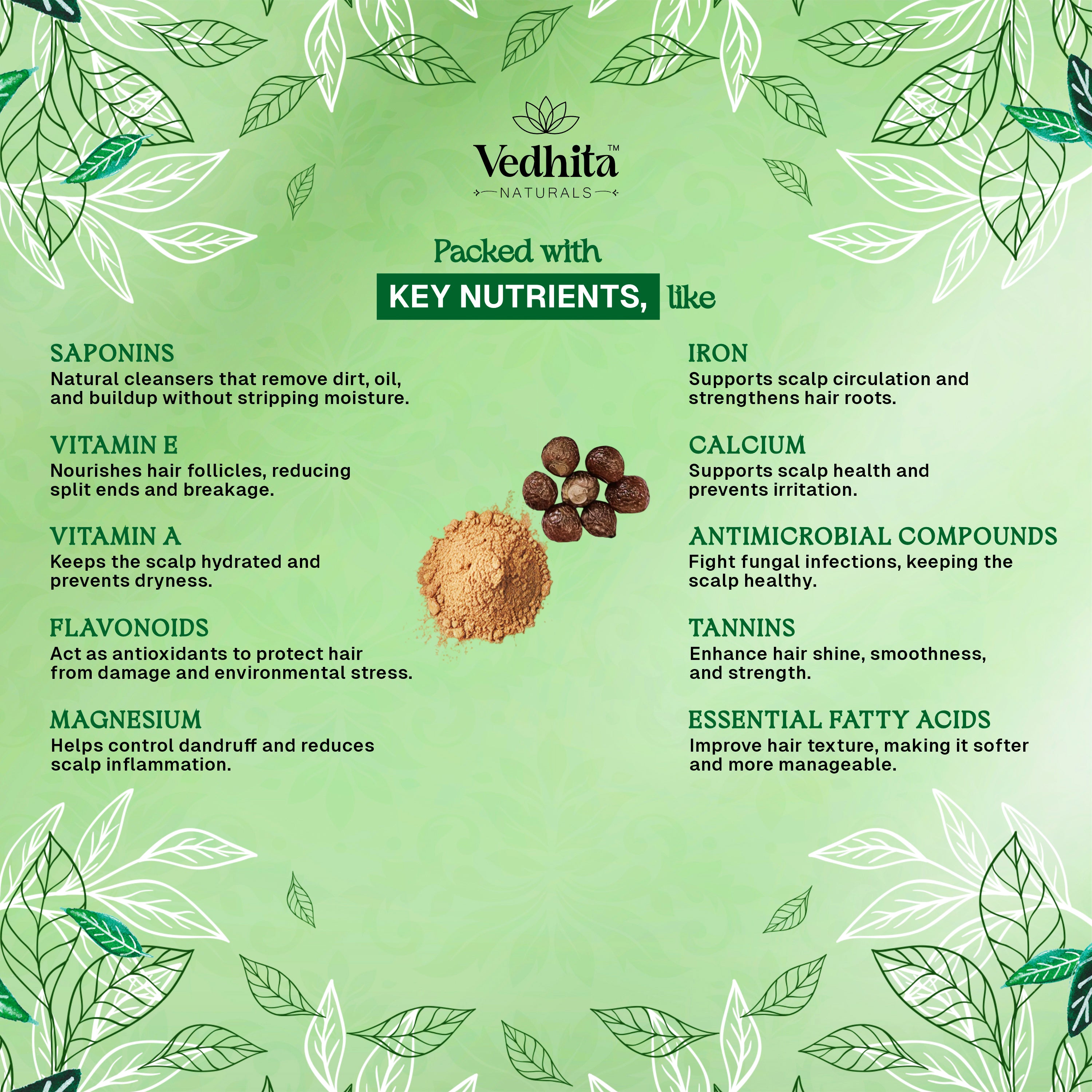 Vedhita Naturals 100% Pure Reetha Powder for Hair | Soapnut powder | 100% Pure and Natural, Herbal Hair Care Blend for Stronger, Shinier Hair (200g + 50g Extra)