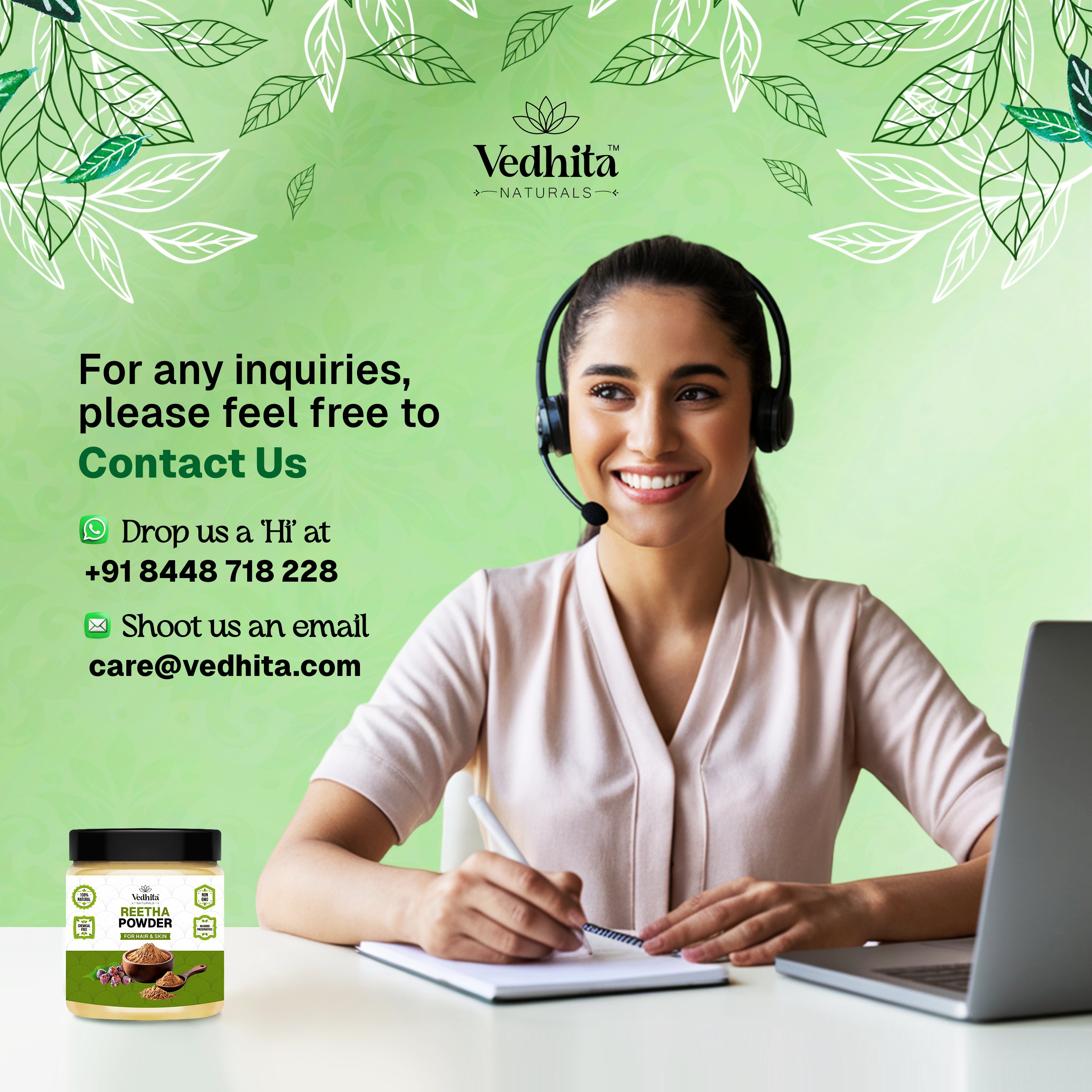 Vedhita Naturals 100% Pure Reetha Powder for Hair | Soapnut powder | 100% Pure and Natural, Herbal Hair Care Blend for Stronger, Shinier Hair (200g + 50g Extra)