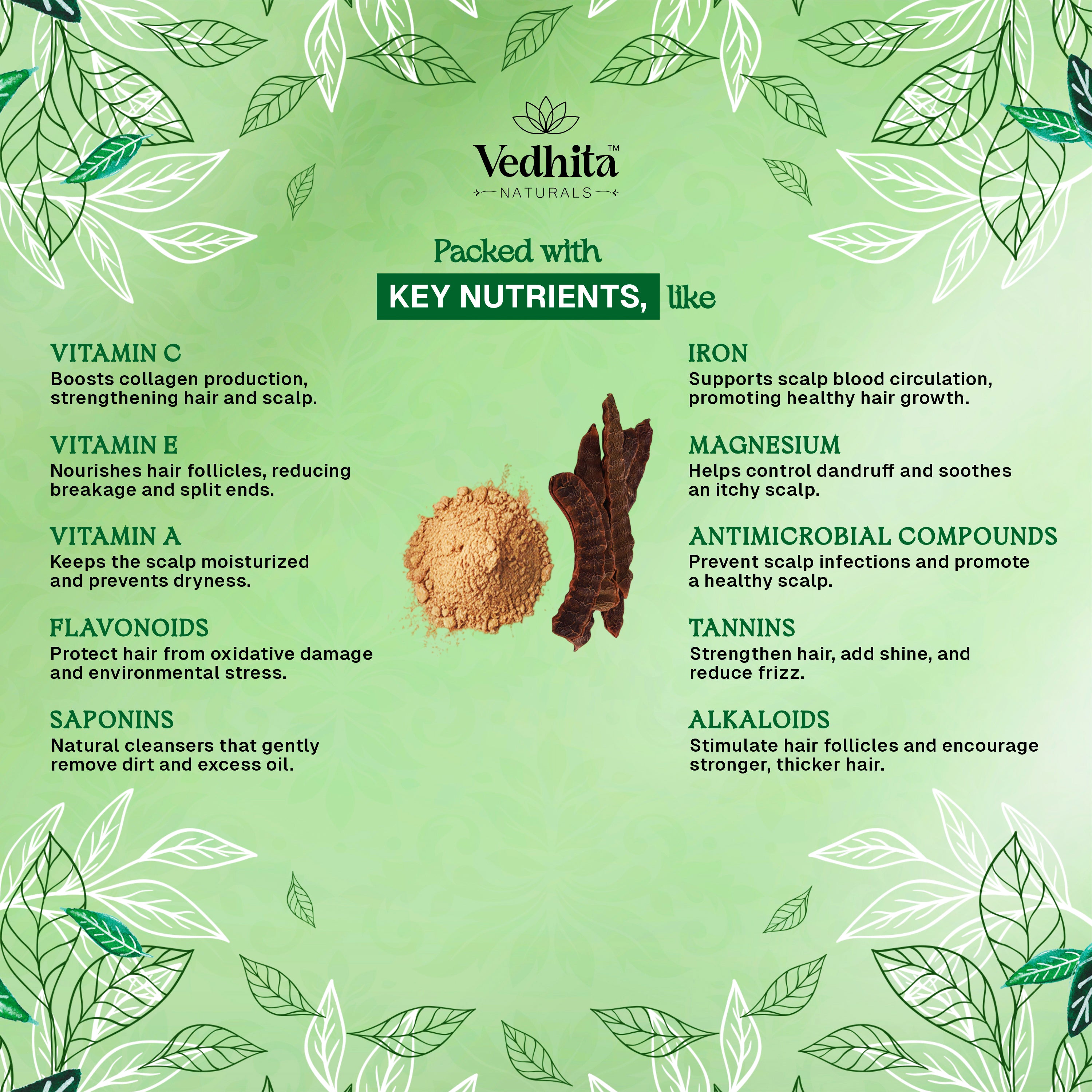 Vedhita Naturals 100% Pure Shikakai Powder for Hair | 100% Pure and Natural | Hair Nourishment & Scalp Care (200g + 50g Extra)