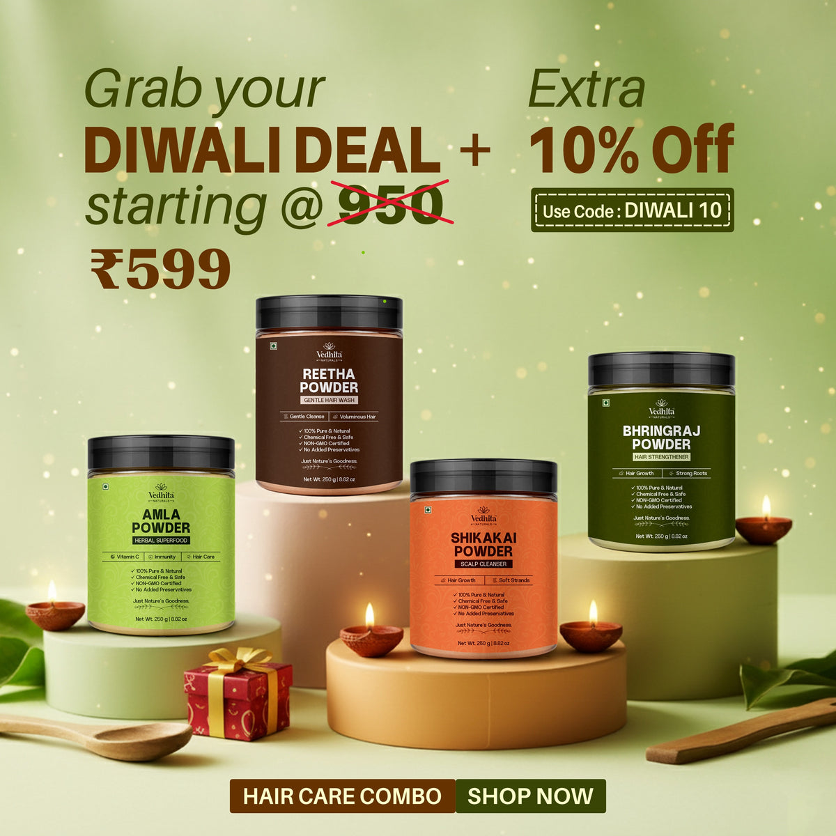 Diwali Hair Care Powders Kit (Amla, Reetha, Shikakai, Bhringraj) - 100% Pure & Natural