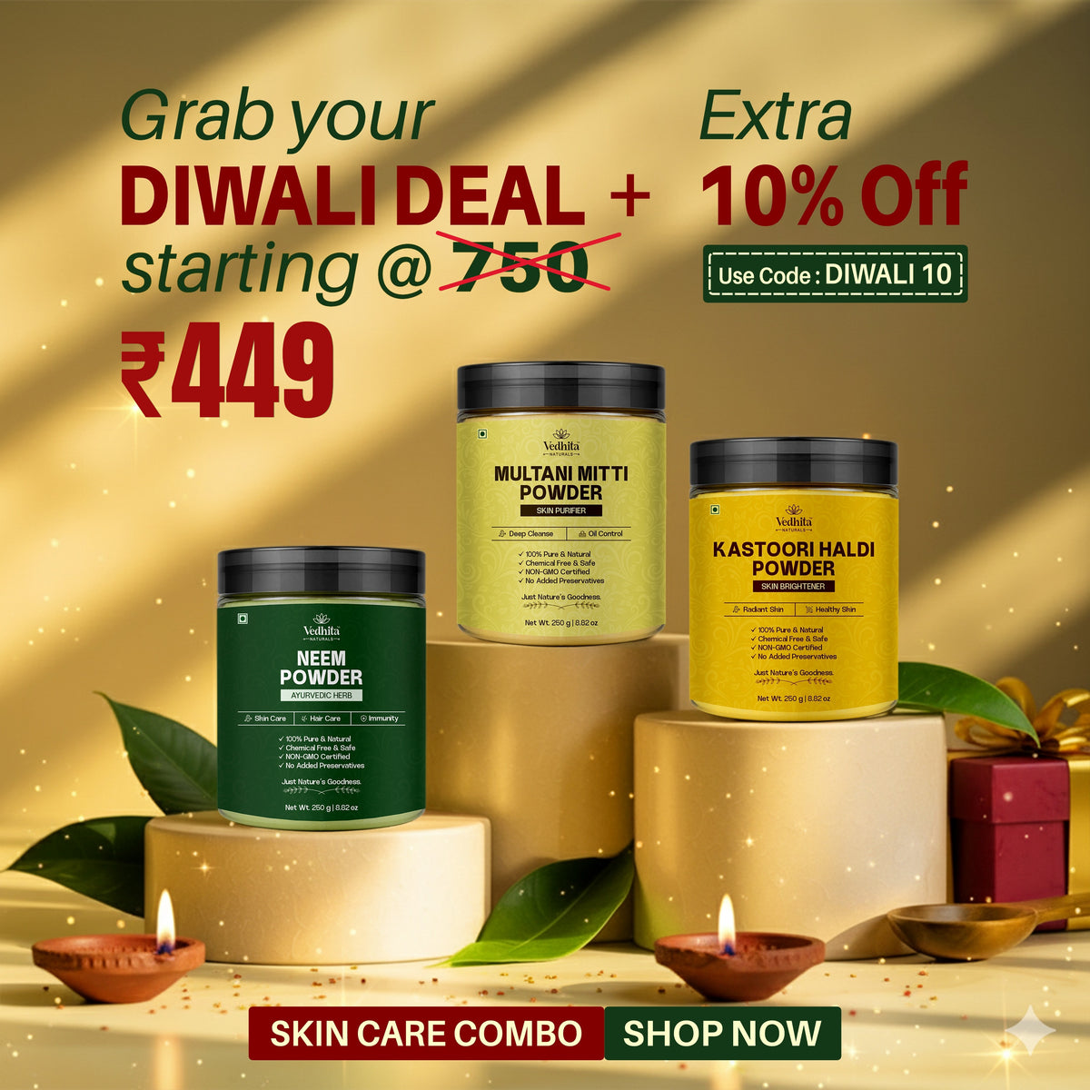 Diwali Skin Care Powder Kit (Multani Mitti, Neem, Kastoori Haldi) - 100% Pure & Natural